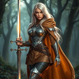 A beautiful woman with long silver hair, wearing a unique armor design featuring a one-sided flowing cape