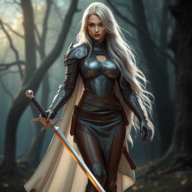 A beautiful woman with long silver hair, wearing a unique armor design featuring a one-sided flowing cape