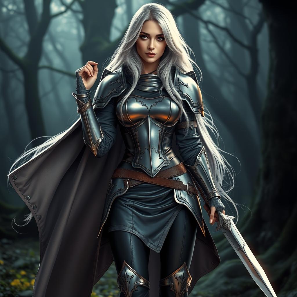 A beautiful woman with long silver hair, wearing a unique armor design featuring a one-sided flowing cape