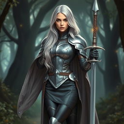 A beautiful woman with long silver hair, wearing a unique armor design featuring a one-sided flowing cape