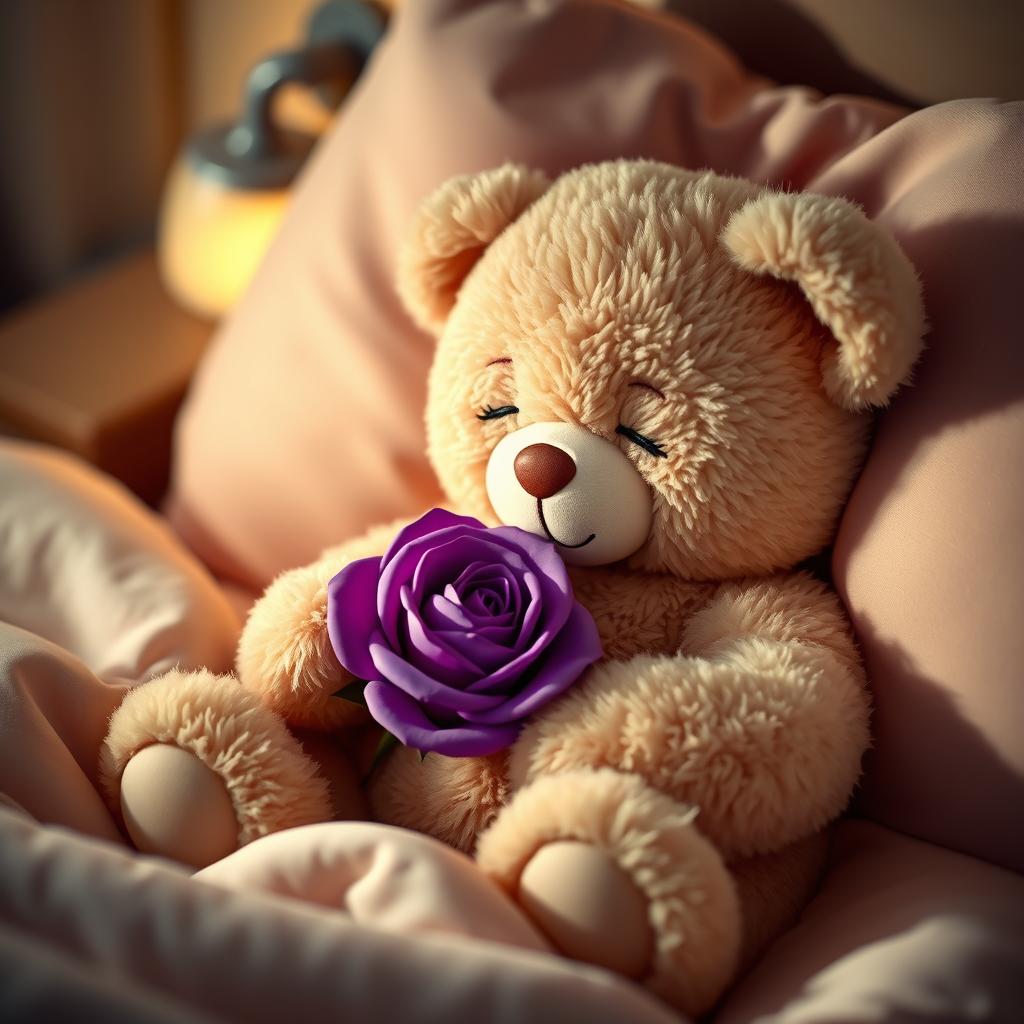 A cute teddy bear holding a purple rose, nestled in a cozy bed about to fall asleep