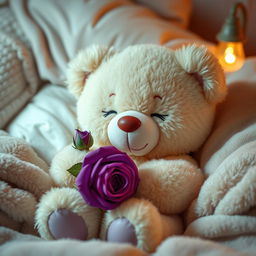 A cute teddy bear holding a purple rose, nestled in a cozy bed about to fall asleep