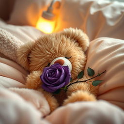 A cute teddy bear holding a purple rose, nestled in a cozy bed about to fall asleep