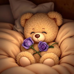 A cute teddy bear holding a purple rose, nestled in a cozy bed about to fall asleep