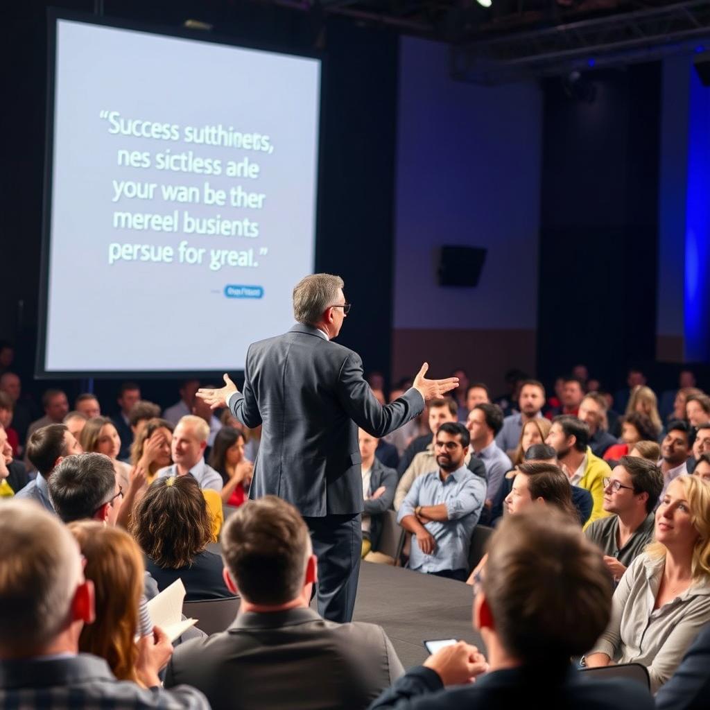 A dynamic scene of a motivational speaker on stage, confidently addressing an audience filled with engaged listeners