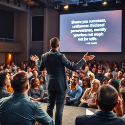 A dynamic scene of a motivational speaker on stage, confidently addressing an audience filled with engaged listeners