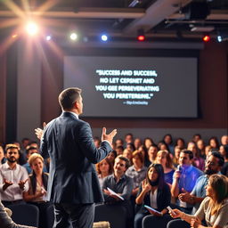 A dynamic scene of a motivational speaker on stage, confidently addressing an audience filled with engaged listeners