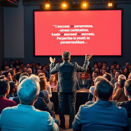 A dynamic scene of a motivational speaker on stage, confidently addressing an audience filled with engaged listeners