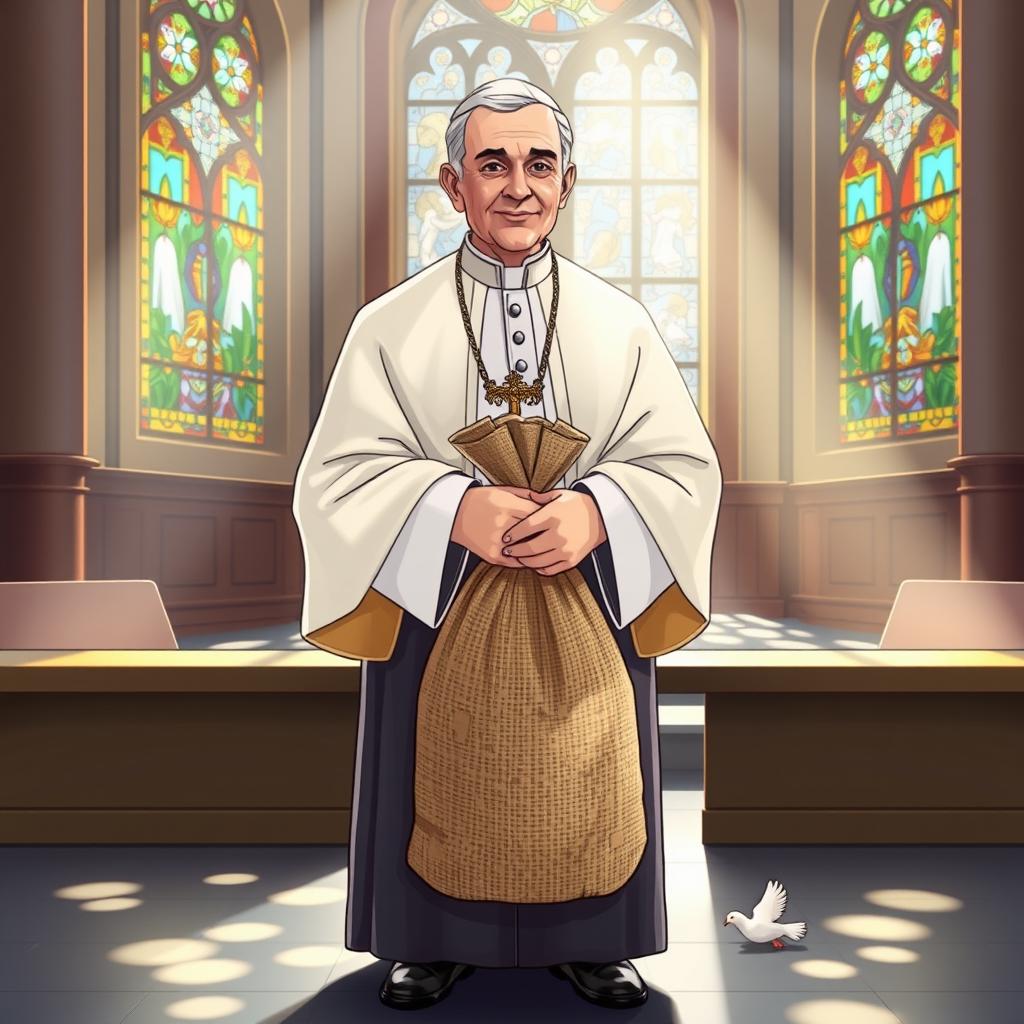 An illustration of a figure representing the Holy Father, dressed in traditional papal garments, holding a bag of money with both hands