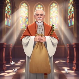 An illustration of a figure representing the Holy Father, dressed in traditional papal garments, holding a bag of money with both hands
