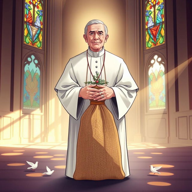 An illustration of a figure representing the Holy Father, dressed in traditional papal garments, holding a bag of money with both hands