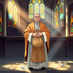 An illustration of a figure representing the Holy Father, dressed in traditional papal garments, holding a bag of money with both hands