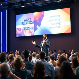 A vibrant scene of a motivational speaker passionately delivering a speech on stage at an uplifting seminar, surrounded by an enthusiastic audience