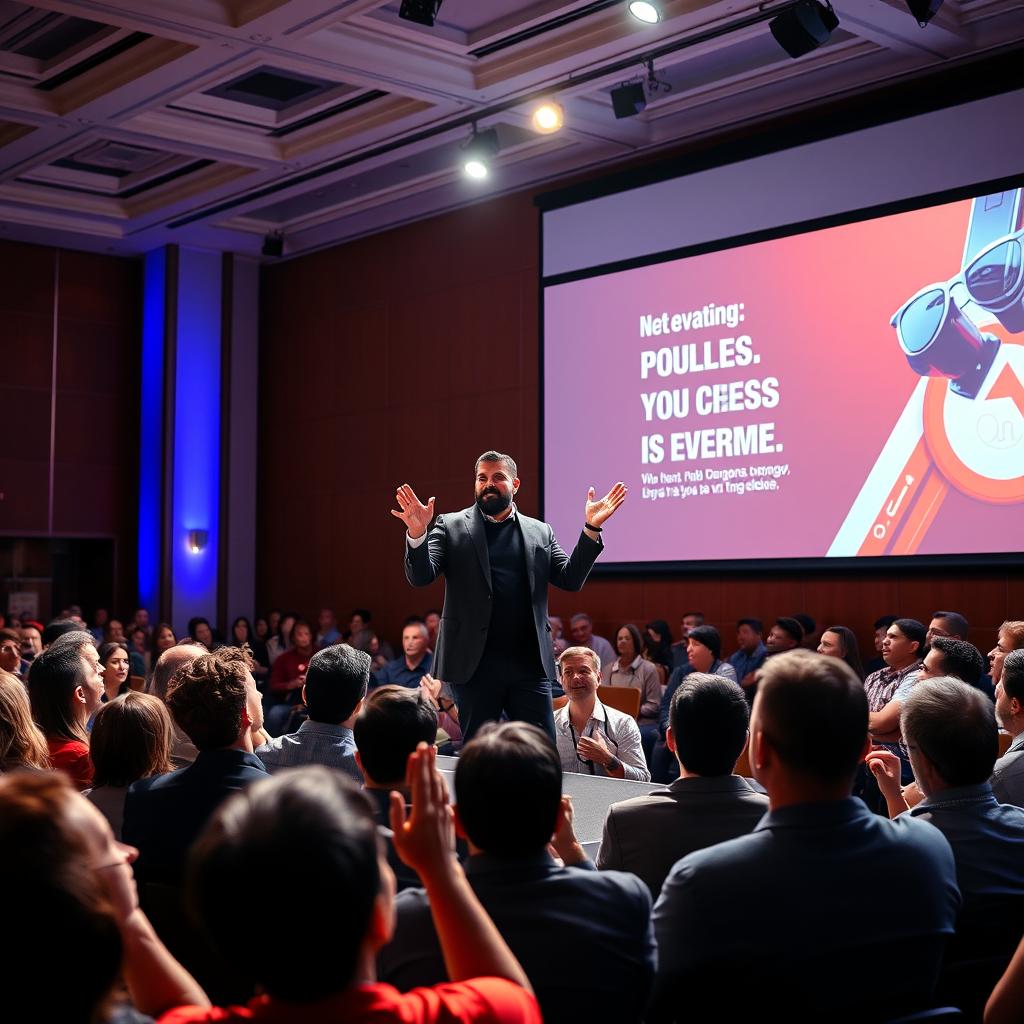 A vibrant scene of a motivational speaker passionately delivering a speech on stage at an uplifting seminar, surrounded by an enthusiastic audience