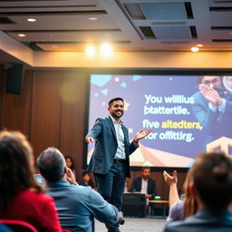 A vibrant scene of a motivational speaker passionately delivering a speech on stage at an uplifting seminar, surrounded by an enthusiastic audience