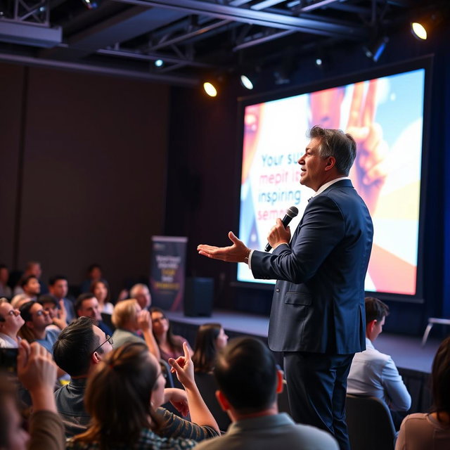 A vibrant scene of a motivational speaker passionately delivering a speech on stage at an uplifting seminar, surrounded by an enthusiastic audience