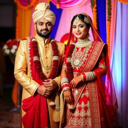 A beautifully adorned Indian wedding couple standing together, dressed in traditional attire
