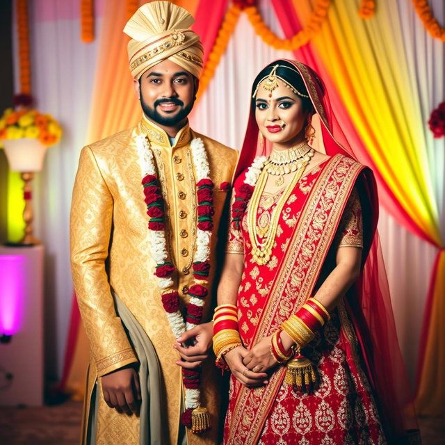 A beautifully adorned Indian wedding couple standing together, dressed in traditional attire