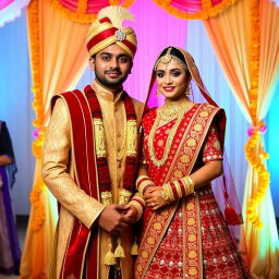 A beautifully adorned Indian wedding couple standing together, dressed in traditional attire