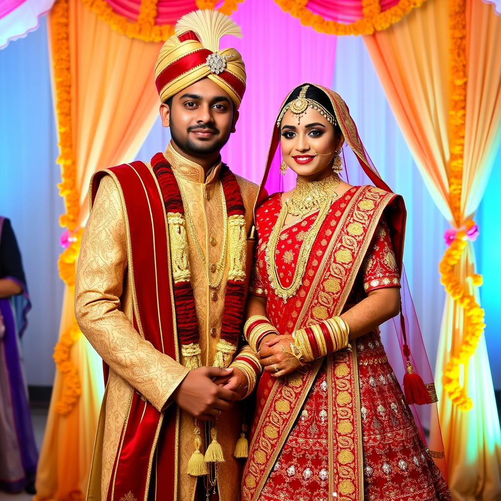A beautifully adorned Indian wedding couple standing together, dressed in traditional attire