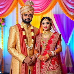 A beautifully adorned Indian wedding couple standing together, dressed in traditional attire