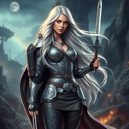 A beautiful woman with long, flowing silver hair, exuding an aura of strength and elegance