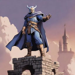 Display Sigma, the Dungeons and Dragons character, standing triumphantly atop the castle, victorious after the grueling duel.