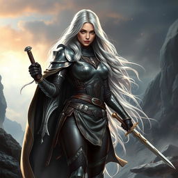 A beautiful woman with long, flowing silver hair, exuding an aura of strength and elegance