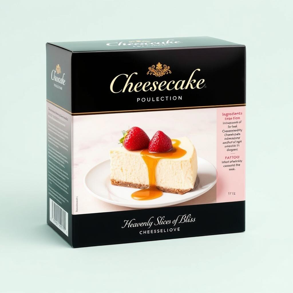 A beautifully designed packaging for a cheesecake that conveys a sense of indulgence and creamy delight