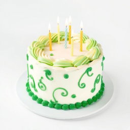 A beautifully decorated green and white cake featuring elegant frosting designs, topped with sparkling candles