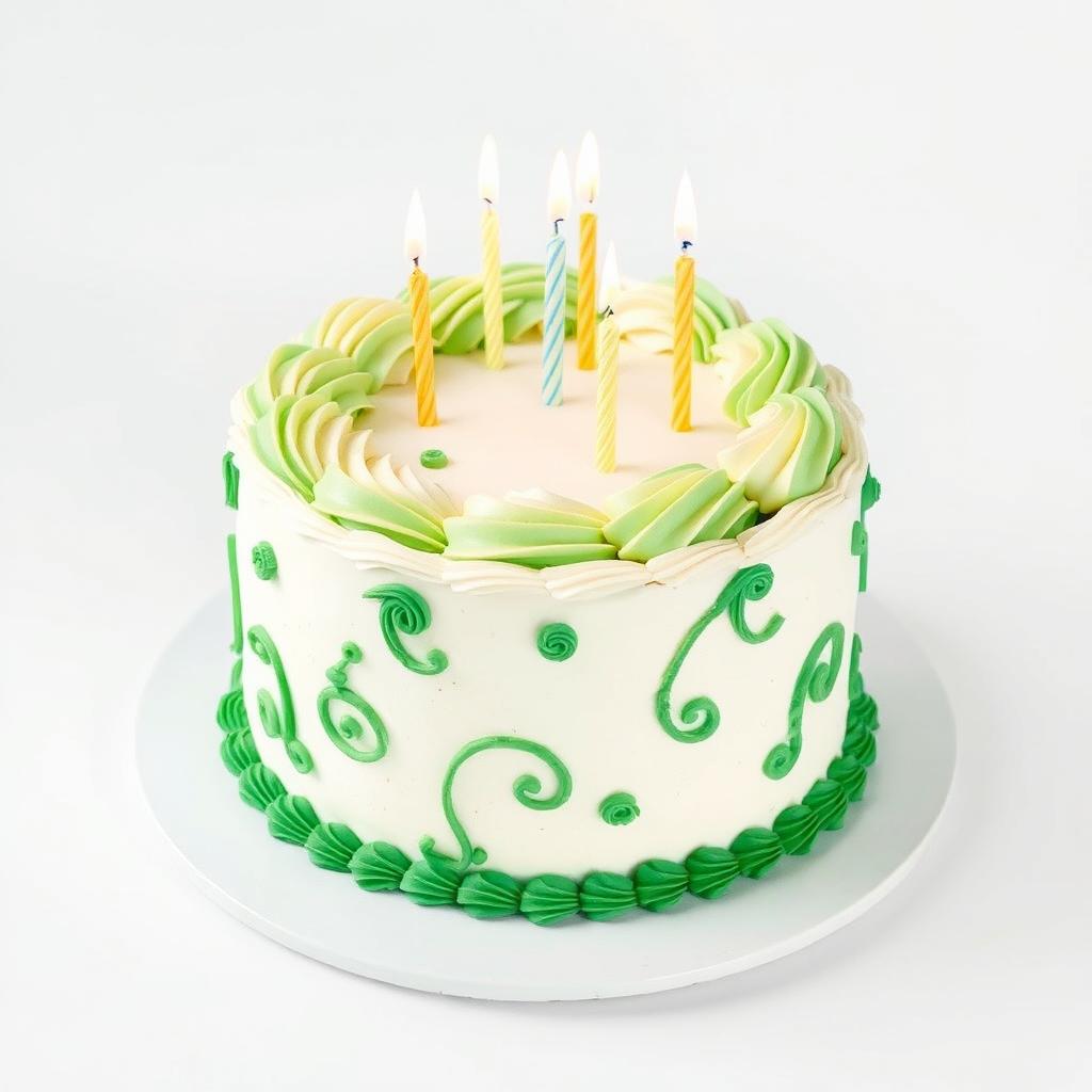 A beautifully decorated green and white cake featuring elegant frosting designs, topped with sparkling candles