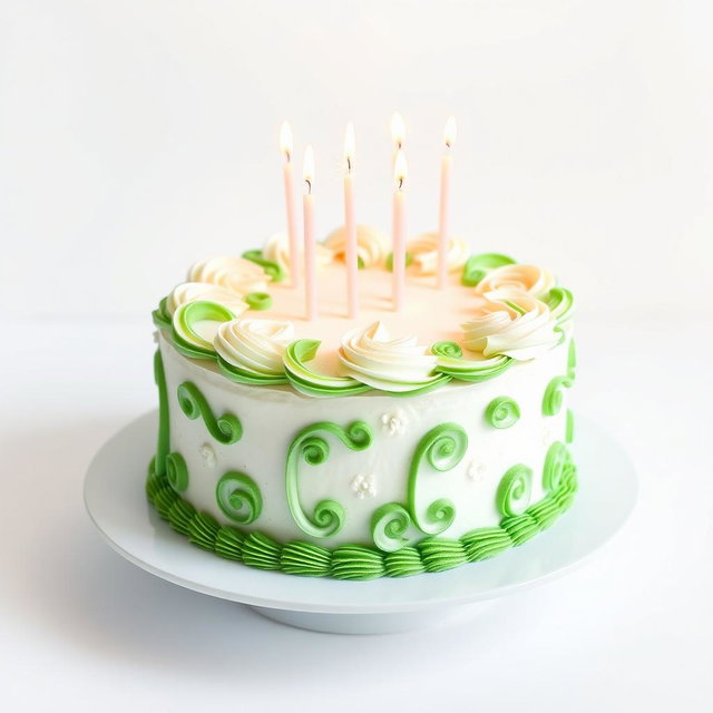 A beautifully decorated green and white cake featuring elegant frosting designs, topped with sparkling candles