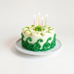 A beautifully decorated green and white cake featuring elegant frosting designs, topped with sparkling candles