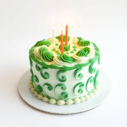 A beautifully decorated green and white cake featuring elegant frosting designs, topped with sparkling candles