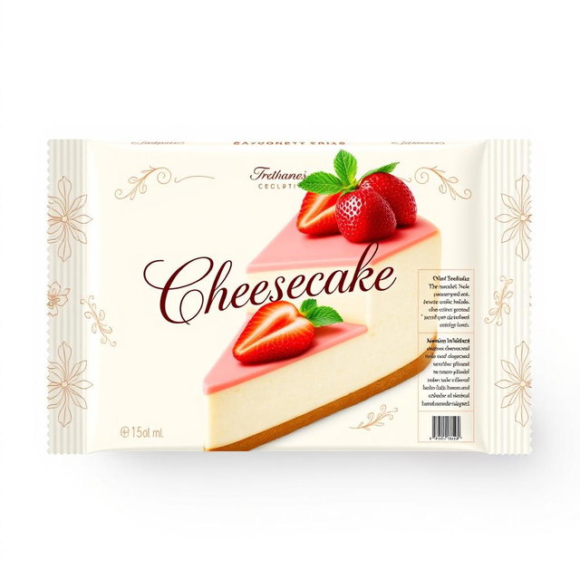 Packaging design for a gourmet cheesecake, featuring an elegant and sophisticated design that includes pastel colors like light pink and cream