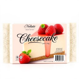 Packaging design for a gourmet cheesecake, featuring an elegant and sophisticated design that includes pastel colors like light pink and cream