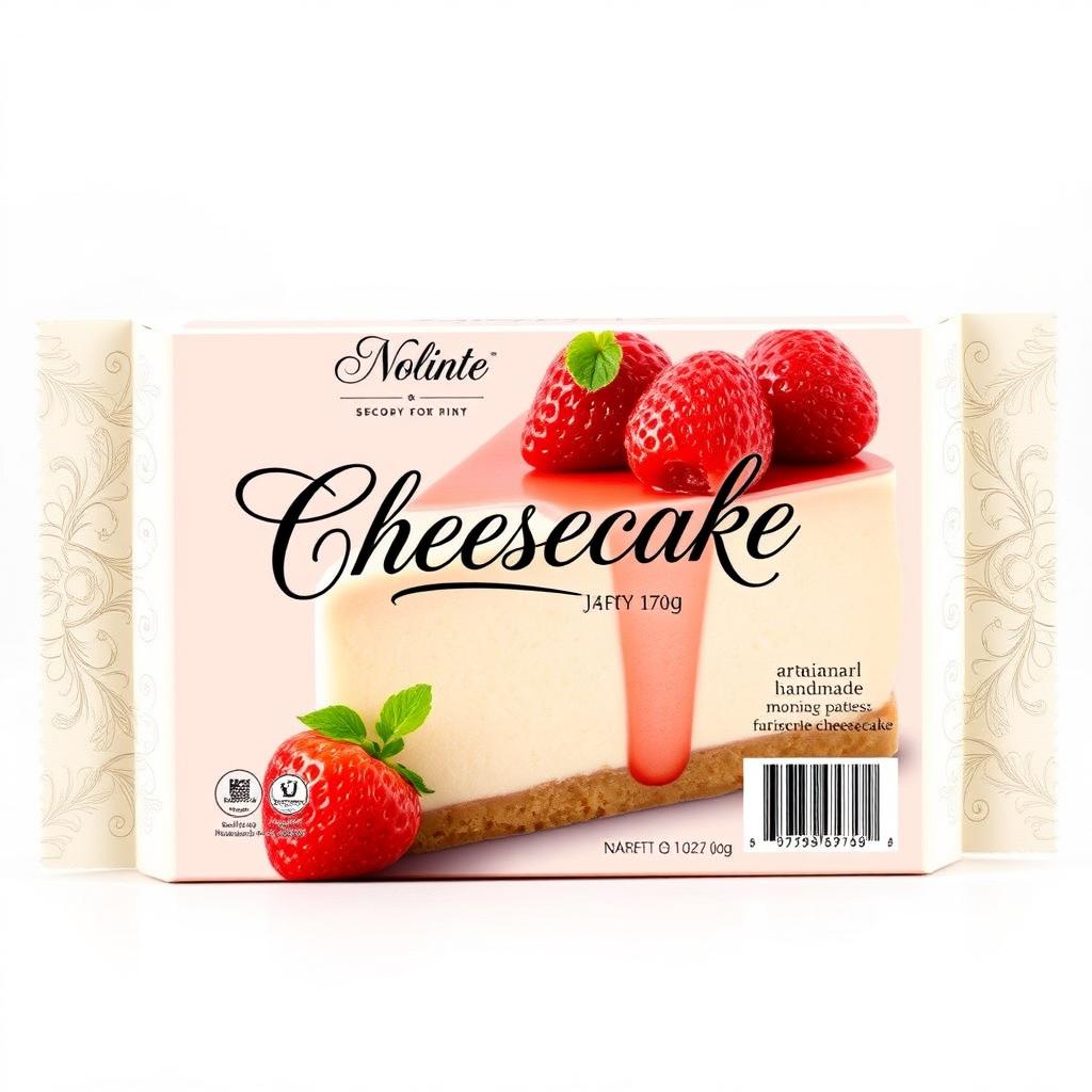 Packaging design for a gourmet cheesecake, featuring an elegant and sophisticated design that includes pastel colors like light pink and cream