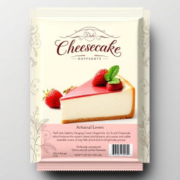 Packaging design for a gourmet cheesecake, featuring an elegant and sophisticated design that includes pastel colors like light pink and cream