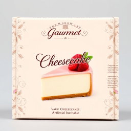Packaging design for a gourmet cheesecake, featuring an elegant and sophisticated design that includes pastel colors like light pink and cream