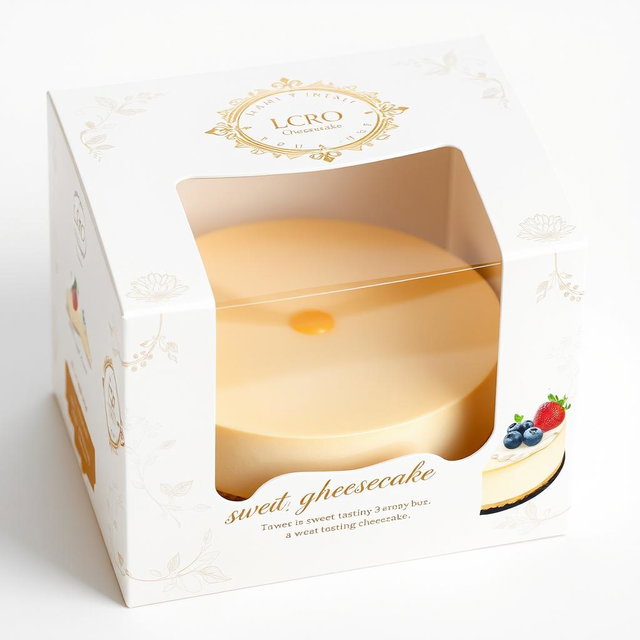 Elegant packaging design for a gourmet cheesecake, featuring a stunning white and gold color scheme