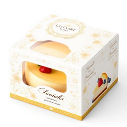 Elegant packaging design for a gourmet cheesecake, featuring a stunning white and gold color scheme