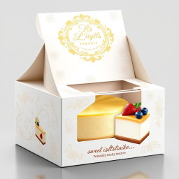 Elegant packaging design for a gourmet cheesecake, featuring a stunning white and gold color scheme