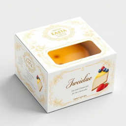 Elegant packaging design for a gourmet cheesecake, featuring a stunning white and gold color scheme