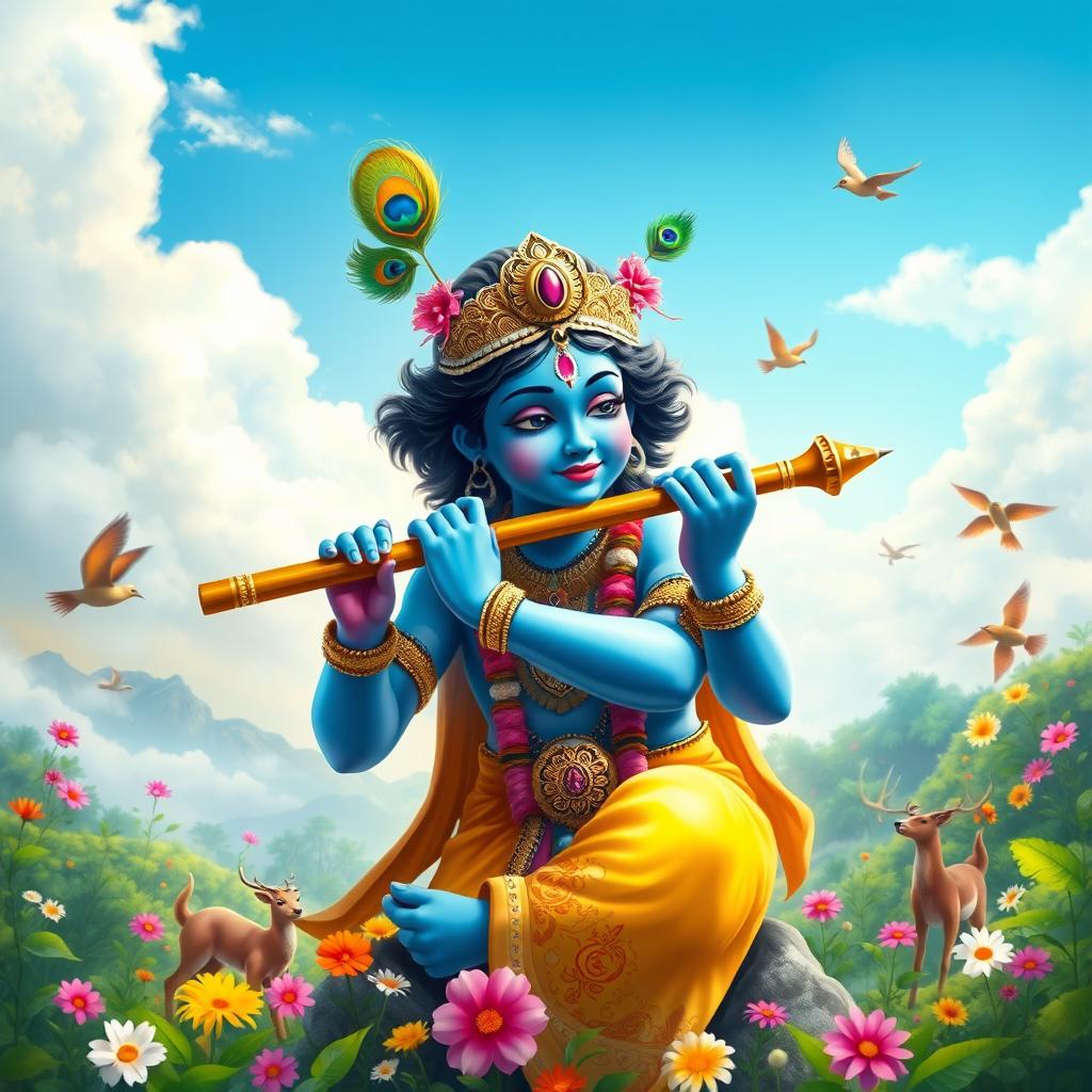 A vibrant and spiritual depiction of Lord Krishna playing the flute, surrounded by lush green forests and colorful flowers, embodying peace and harmony