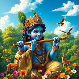 A vibrant and spiritual depiction of Lord Krishna playing the flute, surrounded by lush green forests and colorful flowers, embodying peace and harmony