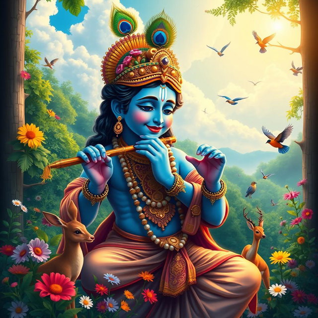 A vibrant and spiritual depiction of Lord Krishna playing the flute, surrounded by lush green forests and colorful flowers, embodying peace and harmony
