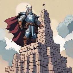 Display Sigma, the Dungeons and Dragons character, standing triumphantly atop the castle, victorious after the grueling duel.