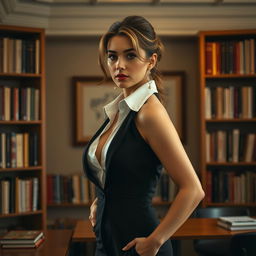 A sensual and artistic representation of an adult female teacher in an elegant classroom setting, dressed in professional attire with an enticing twist