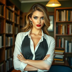 A sensual and artistic representation of an adult female teacher in an elegant classroom setting, dressed in professional attire with an enticing twist