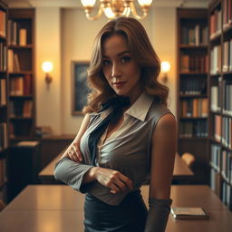 A sensual and artistic representation of an adult female teacher in an elegant classroom setting, dressed in professional attire with an enticing twist